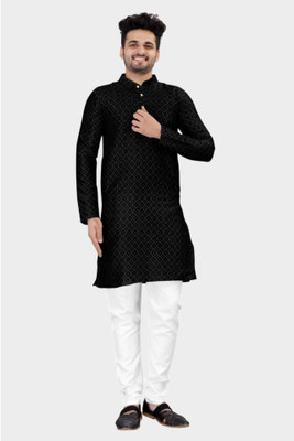 DHASU TRENDZ Men Checkered, Embroidered Straight Kurta(Black)