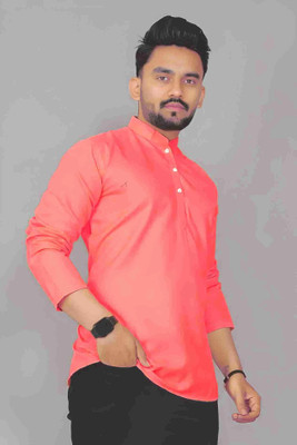 LYPLO Men Solid Straight Kurta(Pink)