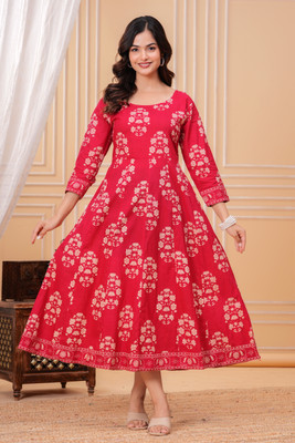 Tejal Exports Women Floral Print, Block Print Anarkali Kurta(Dark Blue)