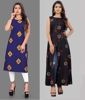 Hiral Creation Women Printed, Striped Straight Kurta(Blue, Black)