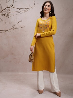 Vishudh Women Embroidered Straight Kurta(Yellow)