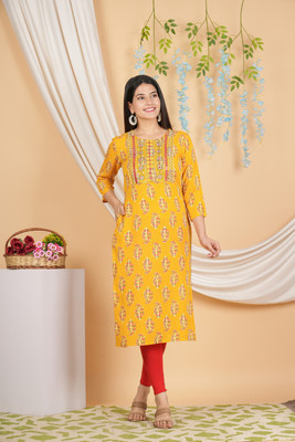 HouseOfCommon Women Floral Print Straight Kurta(Yellow)