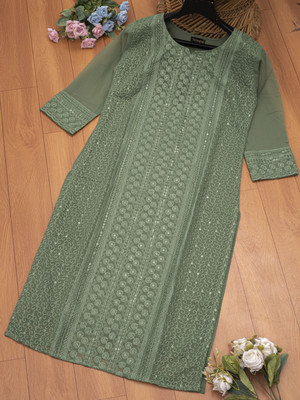 Felopie Women Chikan Embroidery A-line Kurta(Green)