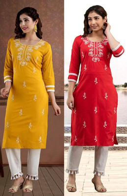 vikshi Women Embroidered Straight Kurta(Multicolor)