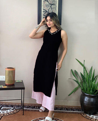 SANTOLIYA Women Embroidered Straight Kurta(Black)