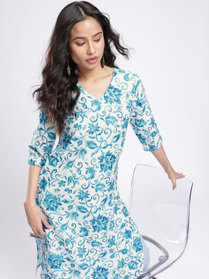 Anouk Rustic Women Floral Print Straight Kurta(White)