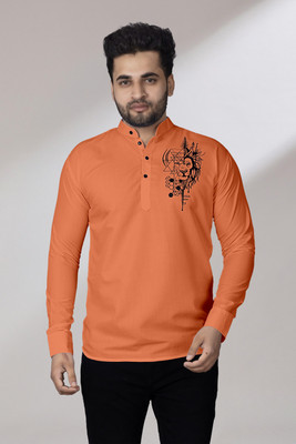 Kavyangle Creation Men Printed, Solid Straight Kurta(Orange)