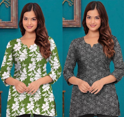 UMAR CLOTHING Women Floral Print, Printed Straight Kurta(Green, Black)