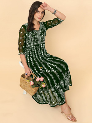 Youthnic Women Chikan Embroidery Anarkali Kurta(Dark Green, White)