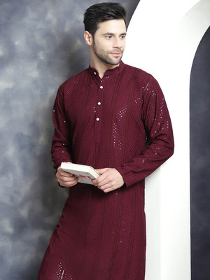 Jompers Men Embroidered Straight Kurta(Purple)