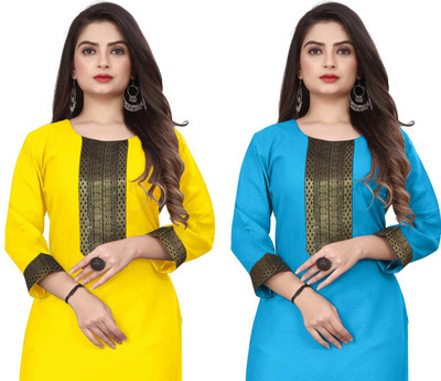 HF HOLYDAY FASHION Women Printed Straight Kurta(Yellow, Light Blue)