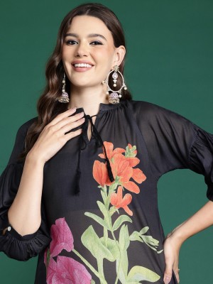 Sangria Women Floral Print Straight Kurta(Black)