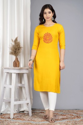 Peachy Robes Women Printed Straight Kurta(Yellow, Red)