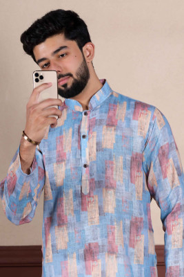 Koshin Men Printed Straight Kurta(Blue)