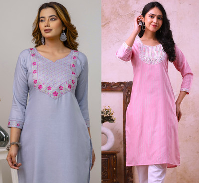 AuzaSho Collection Women Embroidered Straight Kurta(Grey)