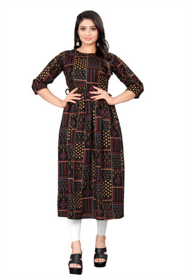 bindudi Women Printed Flared Kurta(Black)