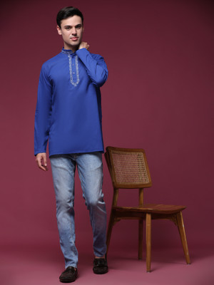 HouseOfCommon Men Solid Straight Kurta(Blue)
