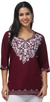 ILMA CREATION Women Embroidered A-line Kurta(Maroon)