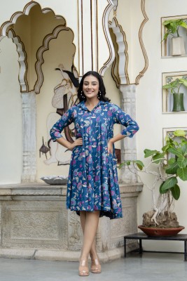 Jollity Women Printed Flared Kurta(Blue)