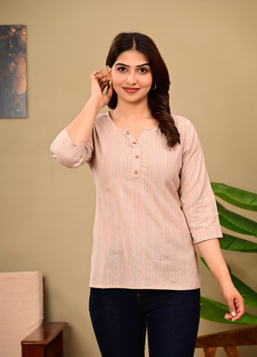 Kangoora Designs Women Self Design A-line Kurta(Beige)