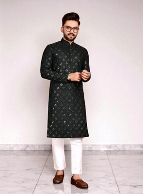 Bisswas Men Embellished Straight Kurta(Black)