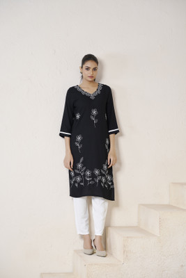 Shree Laxminarayan export Women Embroidered Straight Kurta(Black)