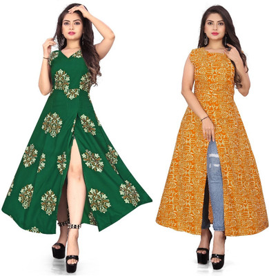 Hiral Creation Women Printed Frontslit Kurta(Green)