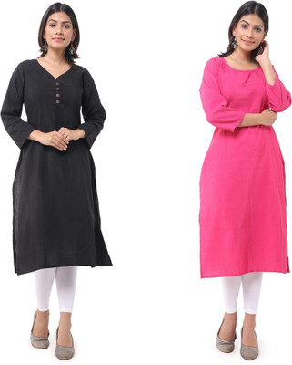 DESHBANDHU DBK Women Solid Straight Kurta(Black, Pink)