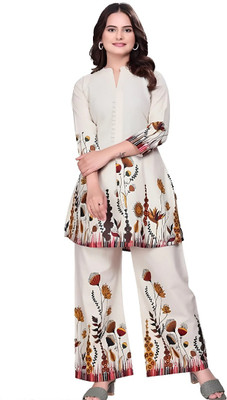 High Cloud Collection Women Floral Print, Geometric Print, Printed A-line Kurta(White)