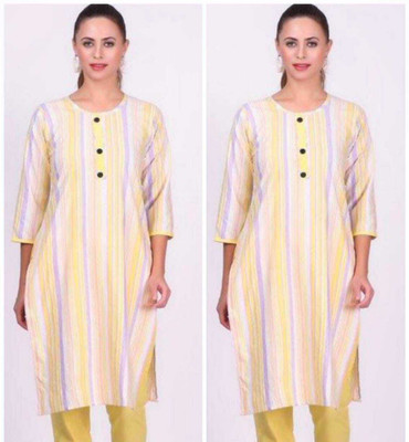 IST COLLECTION Women Striped Straight Kurta(Yellow)