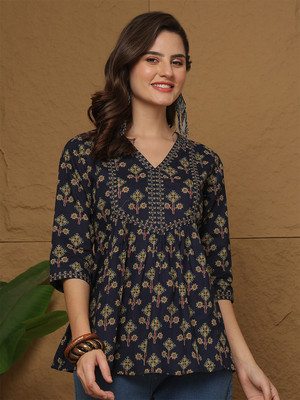 Nayo Women Printed Flared Kurta(Blue)