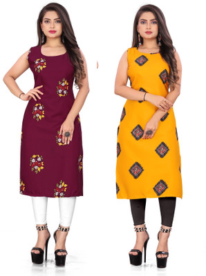 tanvi creation Women Printed Straight Kurta(Maroon, Yellow)