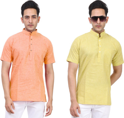 LAHSUAK Men Solid Straight Kurta(Orange, Yellow)