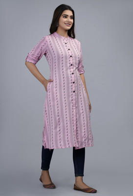 Dizon Women Woven Design A-line Kurta(Black, Pink)