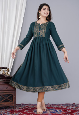 Brijam Women Printed Flared Kurta(Dark Blue)