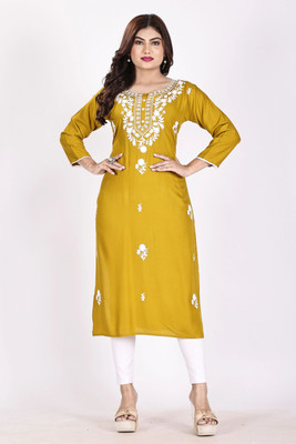 GOKUL TRENDZ Women Chikan Embroidery Straight Kurta(Yellow)