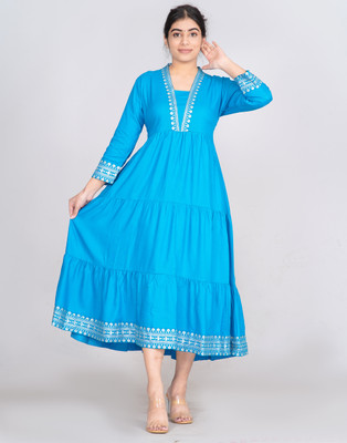 VIVICREATION Women Printed Gown Kurta(Light Blue)