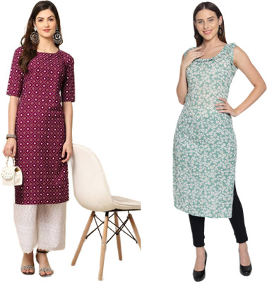 KAUTAQI Women Printed Straight Kurta(Multicolor)