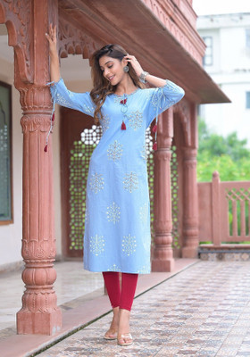 Yash Gallery Women Embroidered Straight Kurta(Blue)