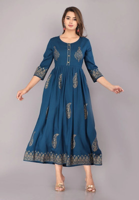 HouseOfCommon Women Printed Anarkali Kurta(Blue)