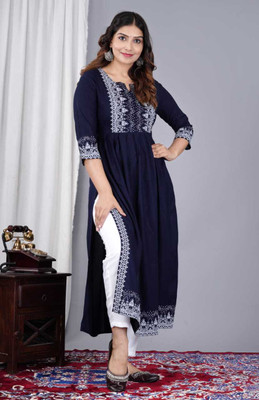 JH fashion Women Printed Straight Kurta(Dark Blue)