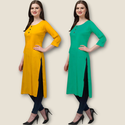 Coft Women Solid Straight Kurta(Yellow, Green)