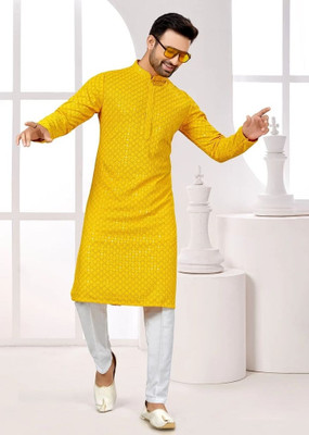 KUBERK Men Chikan Embroidery, Solid, Striped, Embroidered Ethnic Dress Kurta(Yellow)