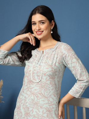 Daevish Women Floral Print Straight Kurta(Light Blue)