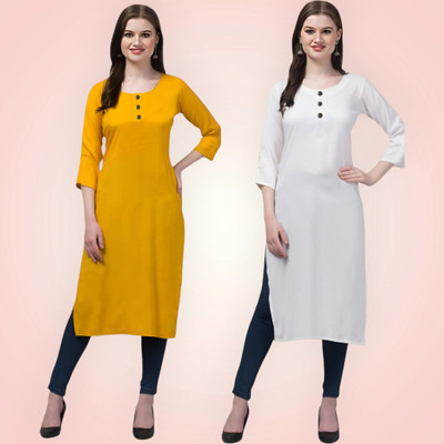 Coft Women Solid Straight Kurta(White, Yellow)