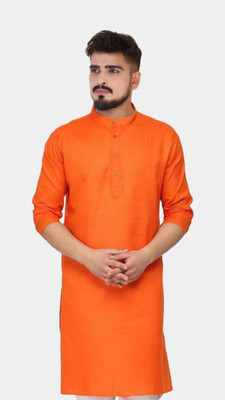 HouseOfCommon Men Solid A-line Kurta(Orange)