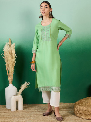 Sangria Women Solid Straight Kurta(Green)