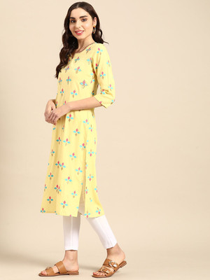 Sangria Women Printed Straight Kurta(Yellow)