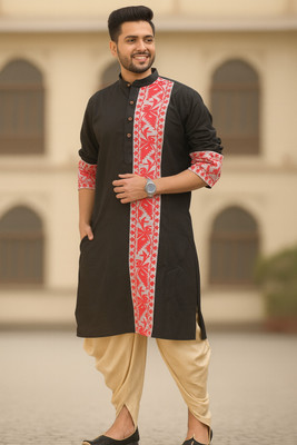 Chandra Men Woven Design Straight Kurta(Black)