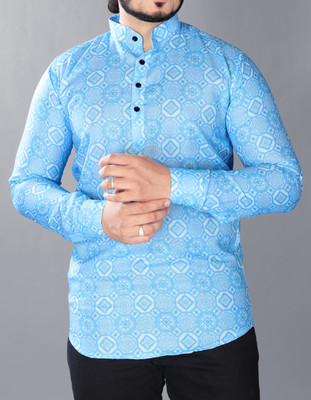 RJ ENTERPRISE Men Printed Straight Kurta(Light Blue)